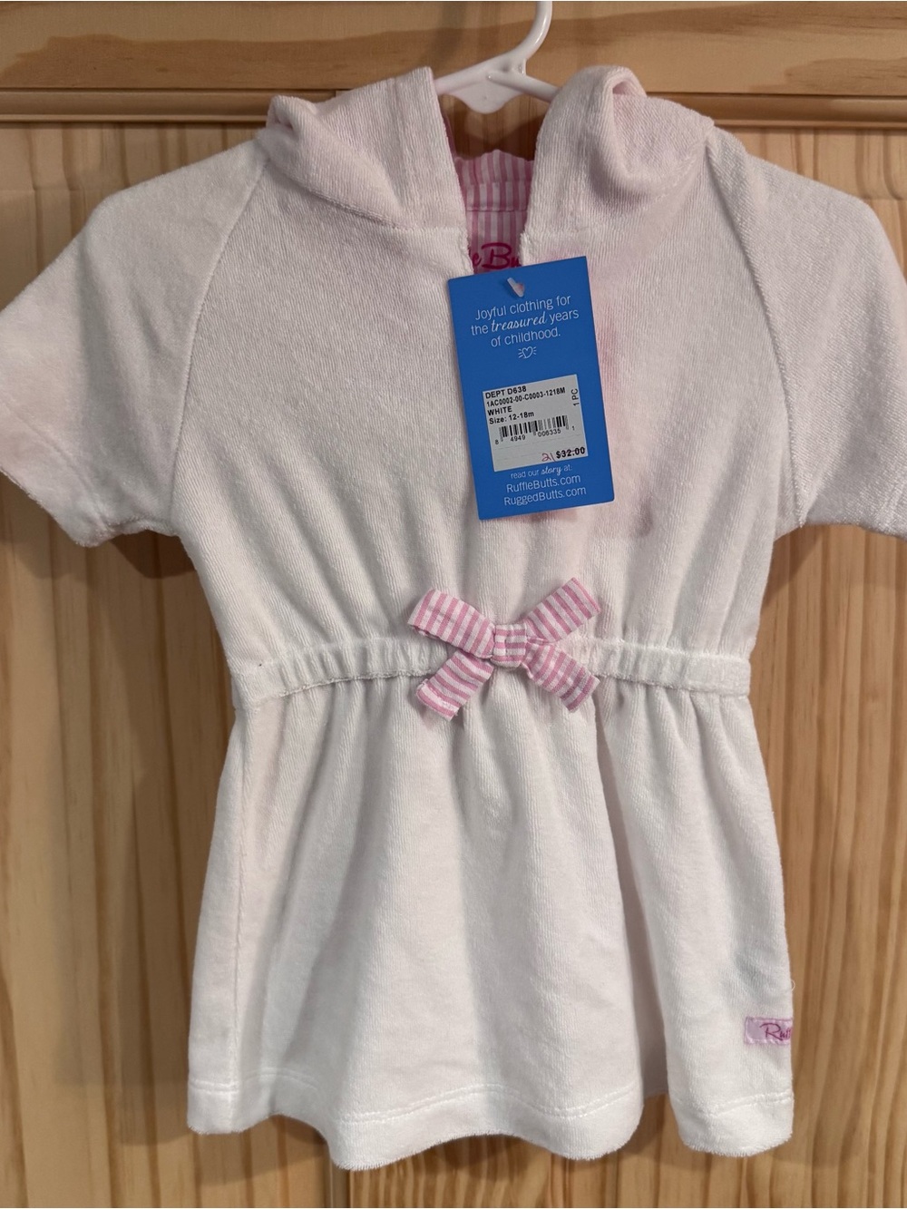 Ruffle Butts White Hooded Girls' Swim Coverup with Pink Bow NWT 12-18